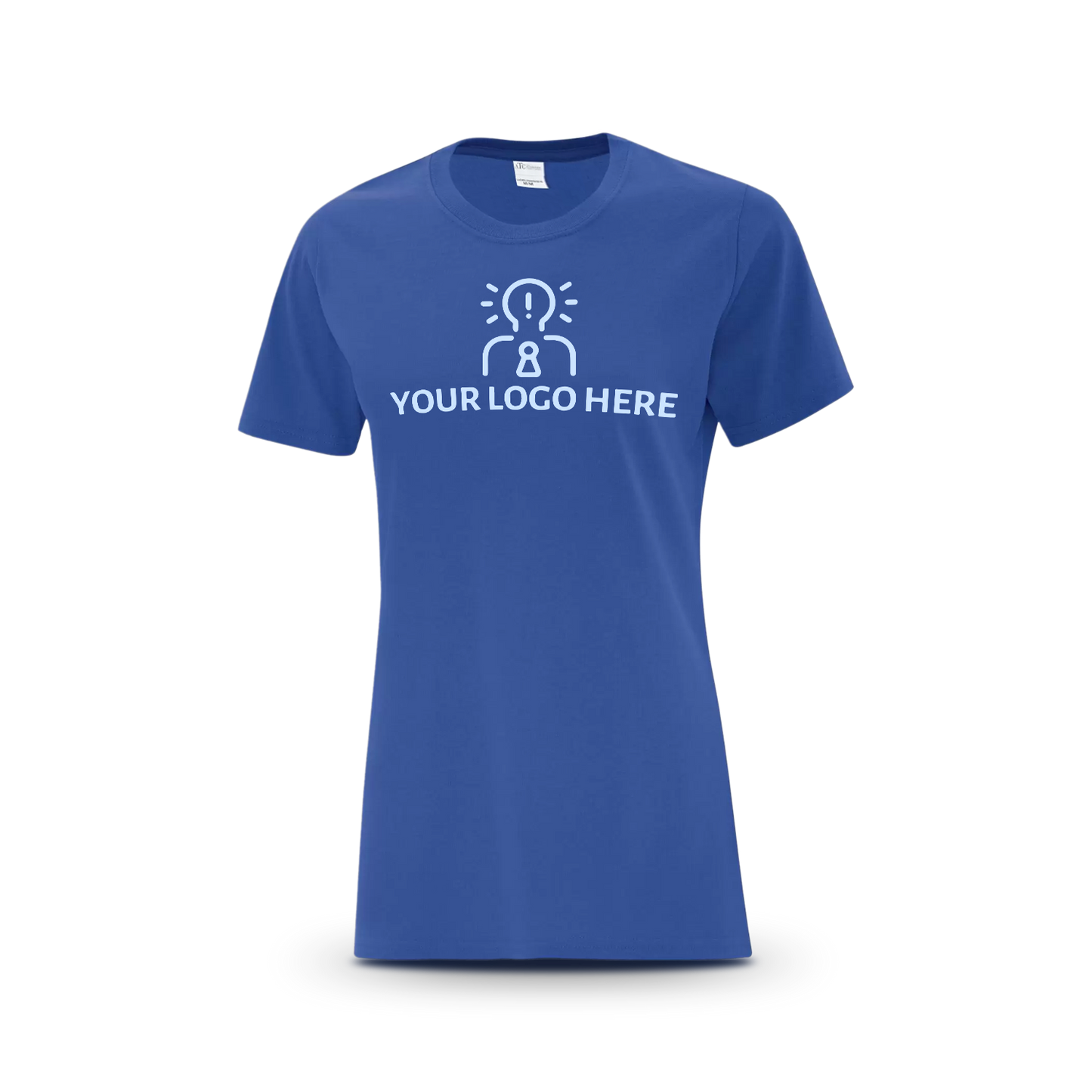 Royal blue women’s T-shirt featuring a magenta placeholder logo