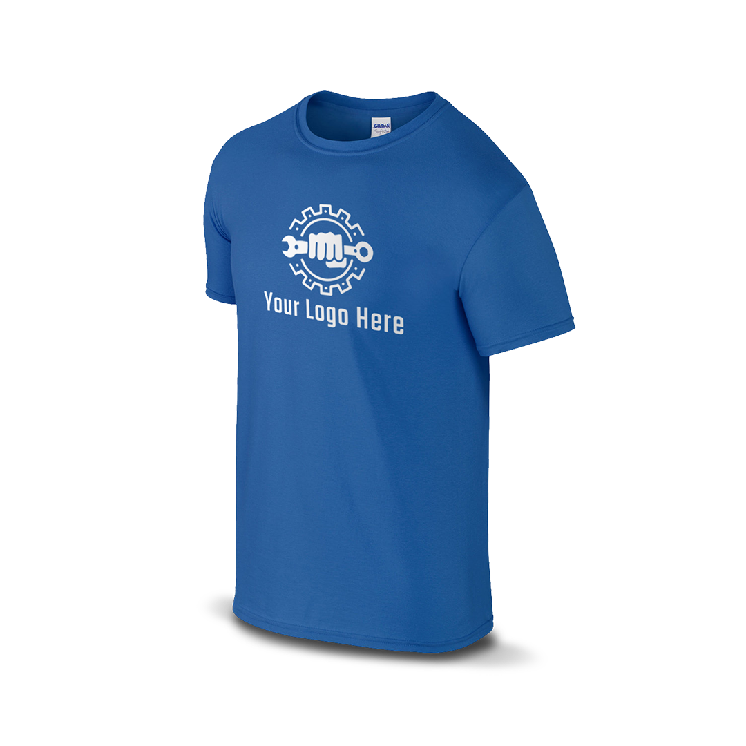 Royal blue short-sleeve t-shirt with a white logo and customizable tagline.