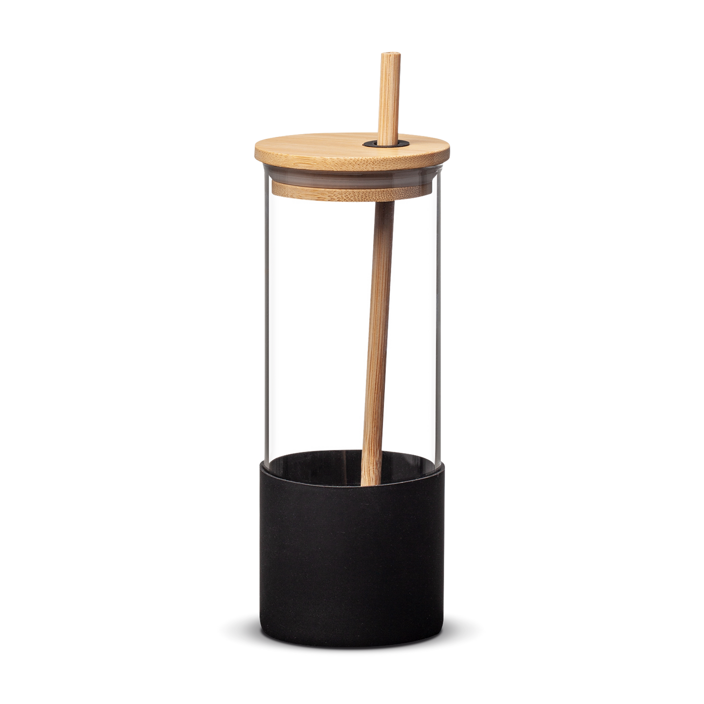 Minimalist glass tumbler with bamboo lid, wooden straw, and a black silicone sleeve at the base — no visible branding