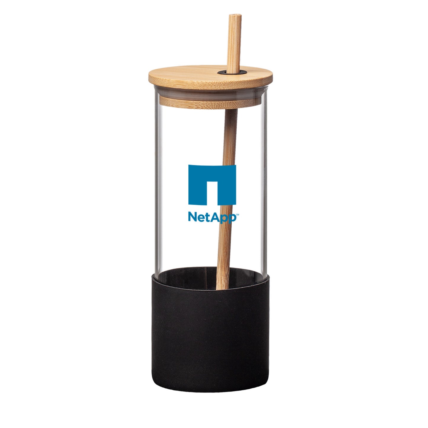 Reusable glass tumbler with a bamboo lid and straw, black silicone base, and a blue NetApp logo printed on the front.
