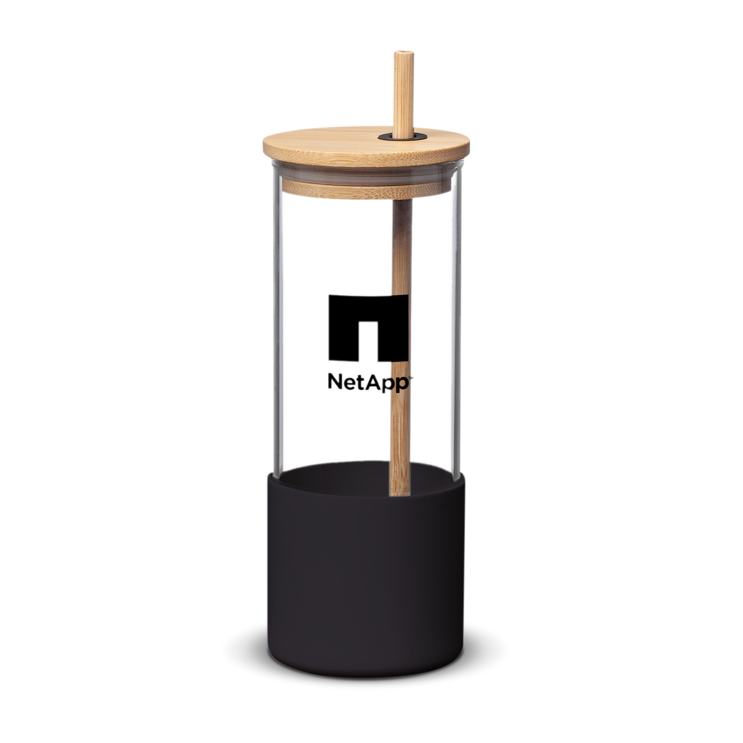 Clear glass tumbler with a black silicone base, bamboo lid, and straw, featuring a printed “NetApp” logo on the front.