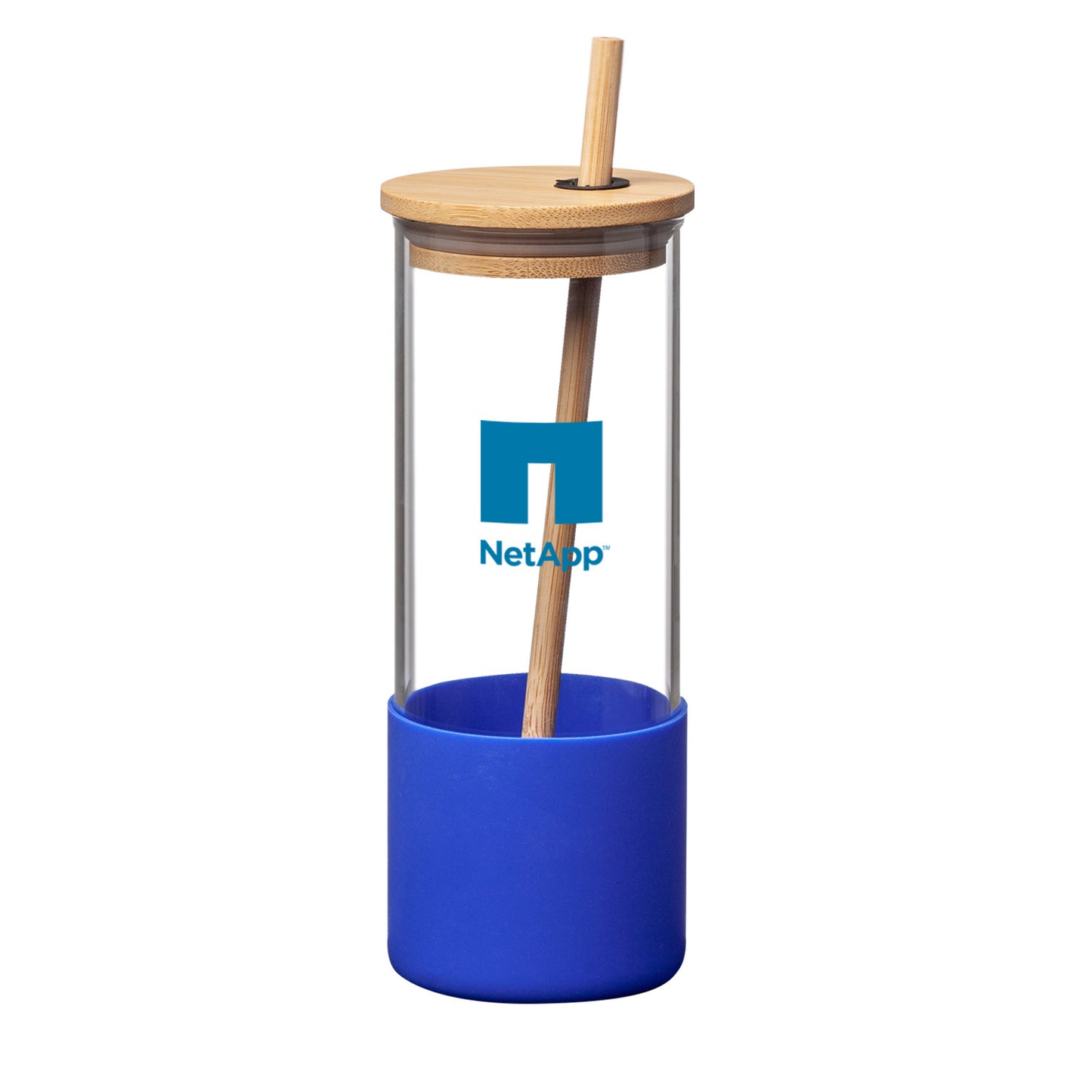 Reusable glass tumbler with a bamboo lid and straw, blue silicone base, and a blue NetApp logo printed on the front.