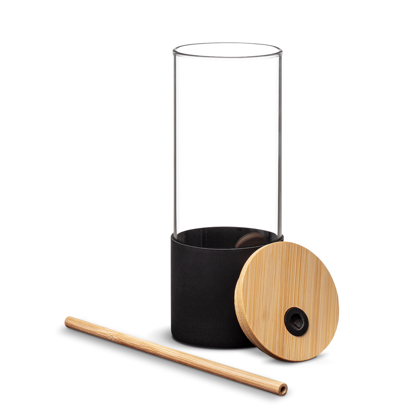 Disassembled eco-friendly glass tumbler featuring a transparent body, black silicone base, separate bamboo lid with straw hole, and a matching wooden straw.