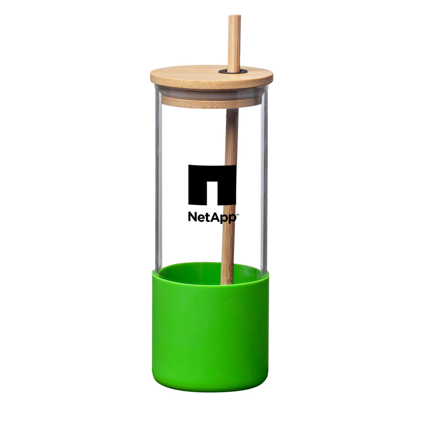 Reusable glass tumbler with a bamboo lid and straw, featuring a green silicone base and a black NetApp logo printed on the front.