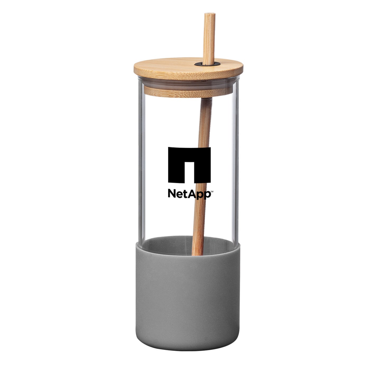 Reusable glass tumbler with a bamboo lid and straw, featuring a grey silicone base and a black NetApp logo printed on the front.