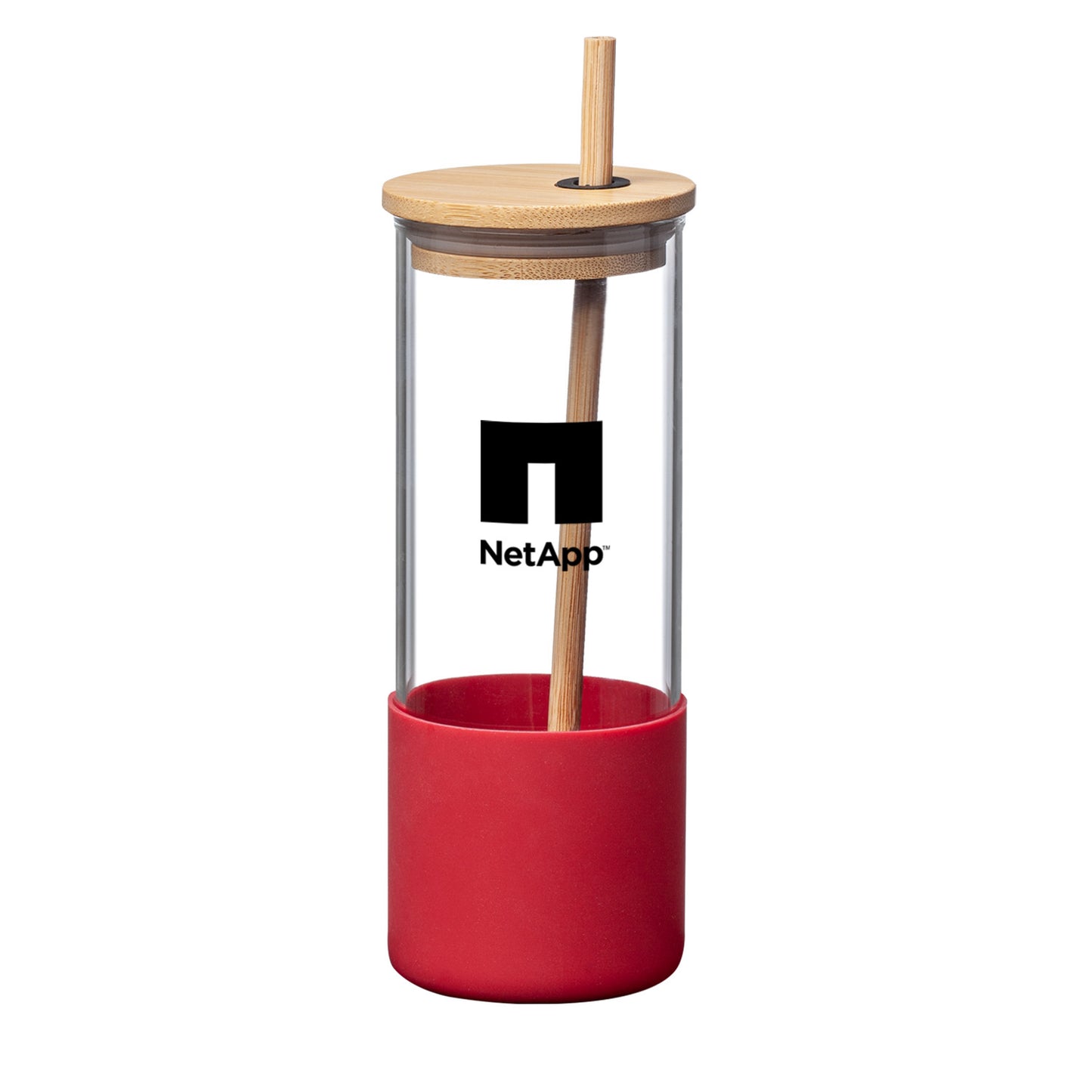 Reusable glass tumbler with a bamboo lid and straw, featuring a red silicone base and a black NetApp logo printed on the front.
