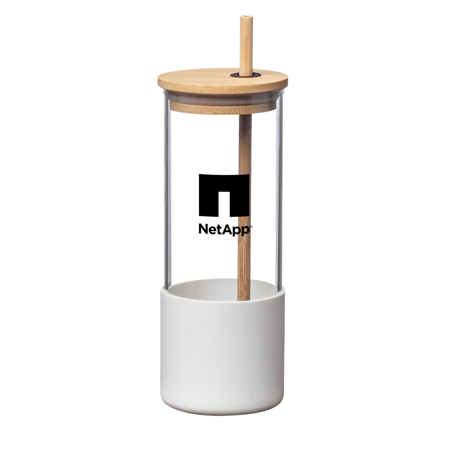 Reusable glass tumbler with a bamboo lid and straw, featuring a white silicone base and a black NetApp logo printed on the front.