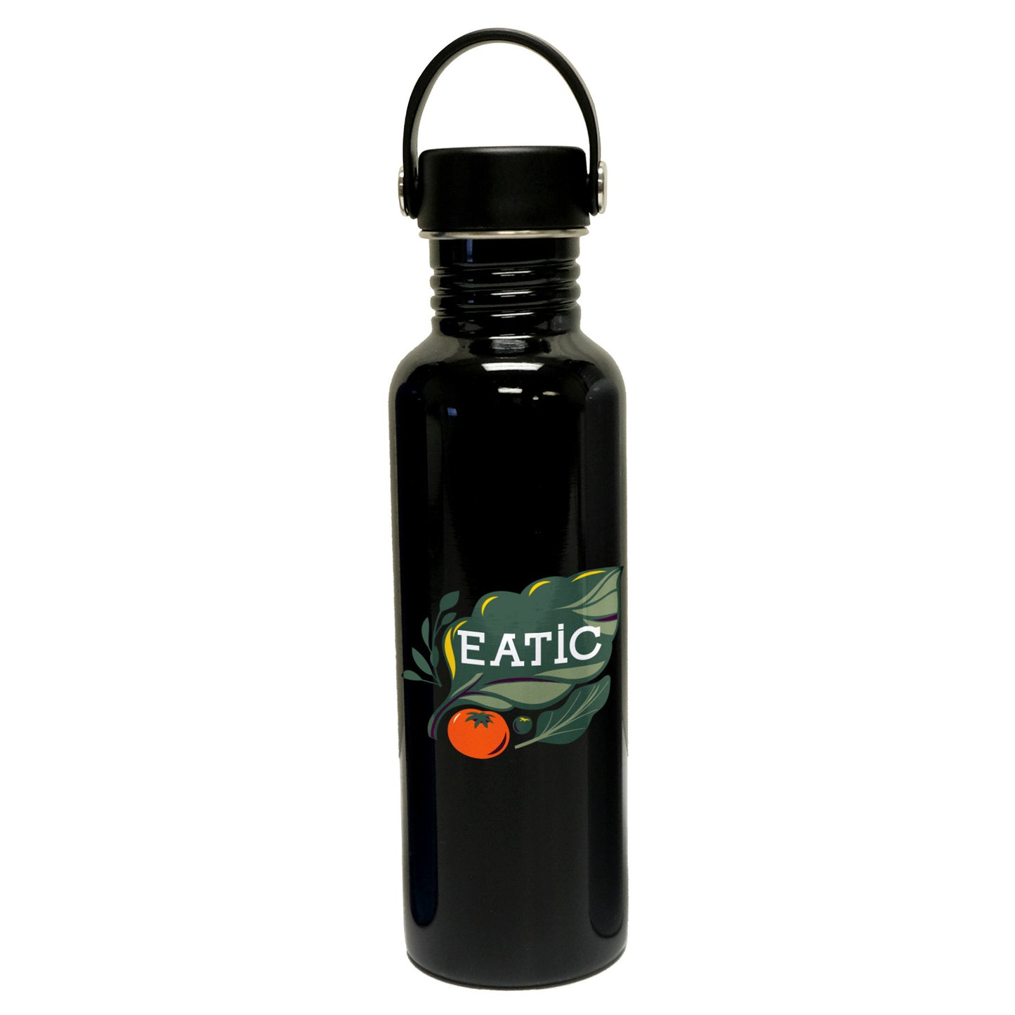 Black water bottle with EATIC logo and vegetable graphic.