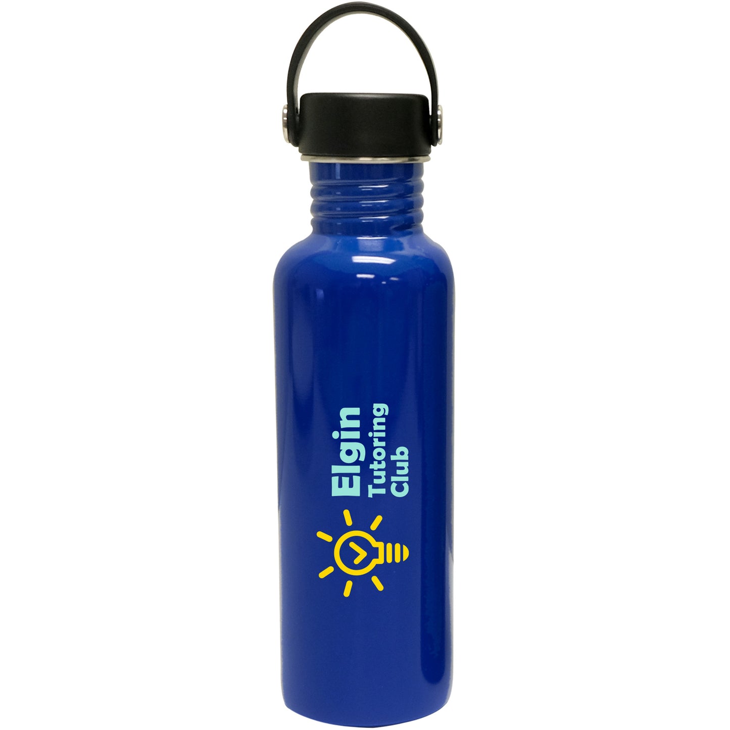 Blue water bottle with black lid and Elgin Tutoring Club logo featuring a yellow light bulb icon
