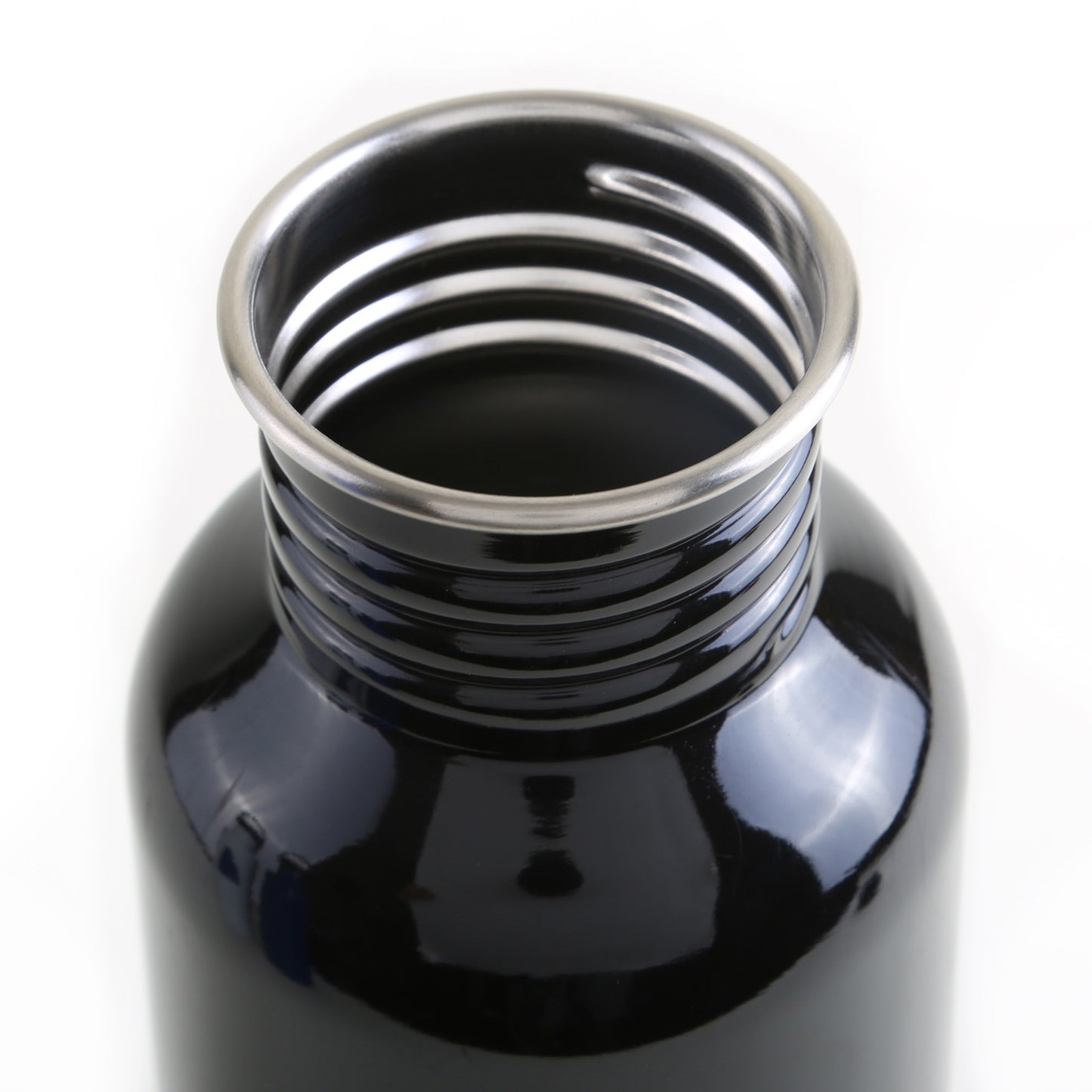 Close-up of open black metal bottle with threaded stainless steel rim.