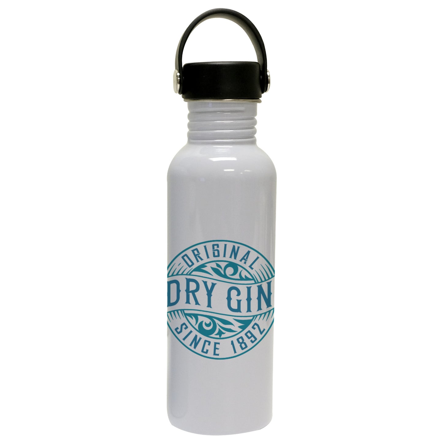 White water bottle with black lid and vintage-style 'Original Dry Gin Since 1892' logo in teal