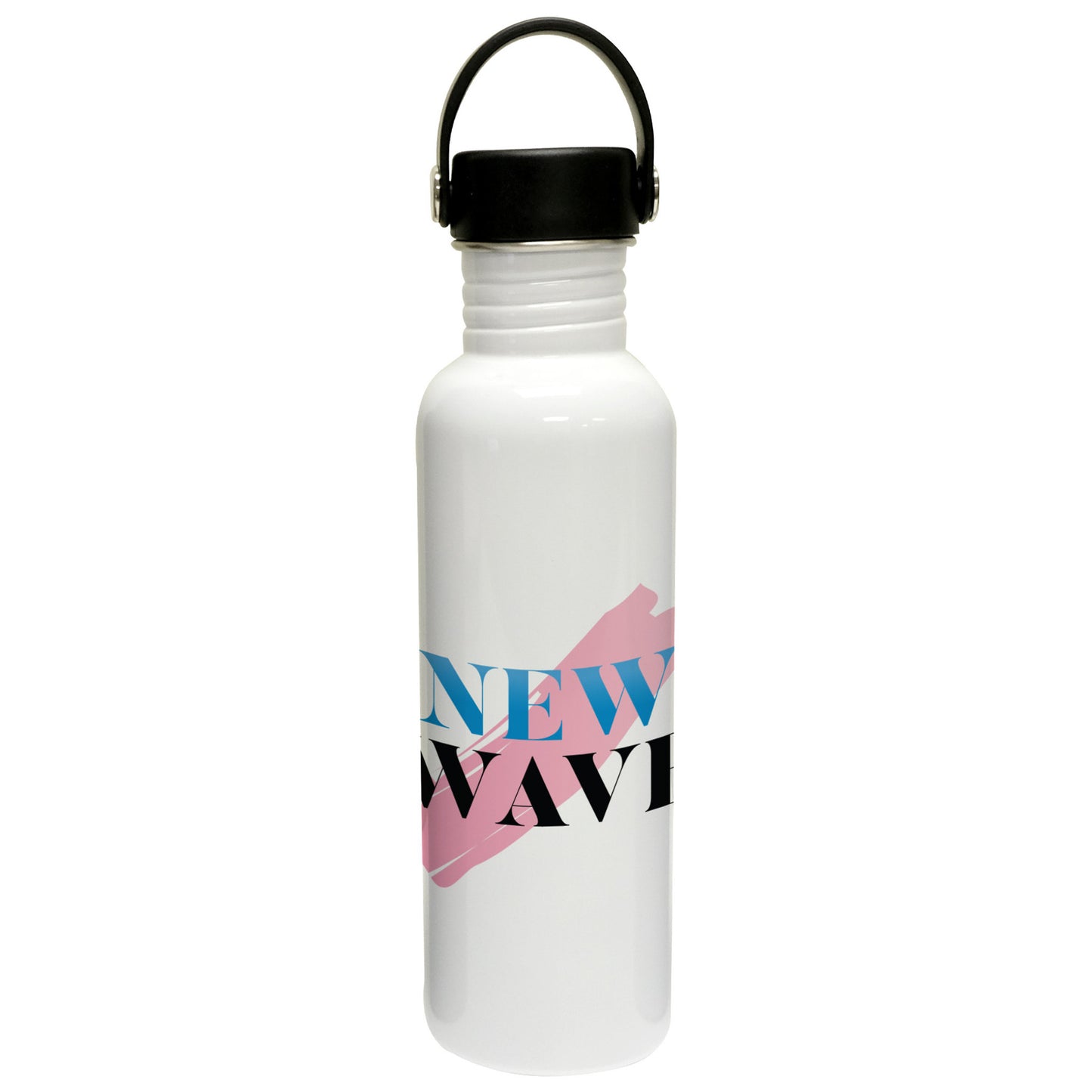 White water bottle with black lid and bold 'NEW WAVE' design in pink, blue, and black.