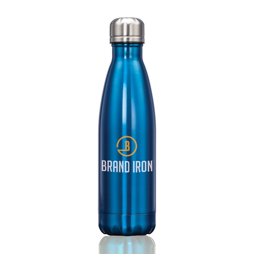Metallic blue stainless steel water bottle with a silver lid, featuring a logo on the front.