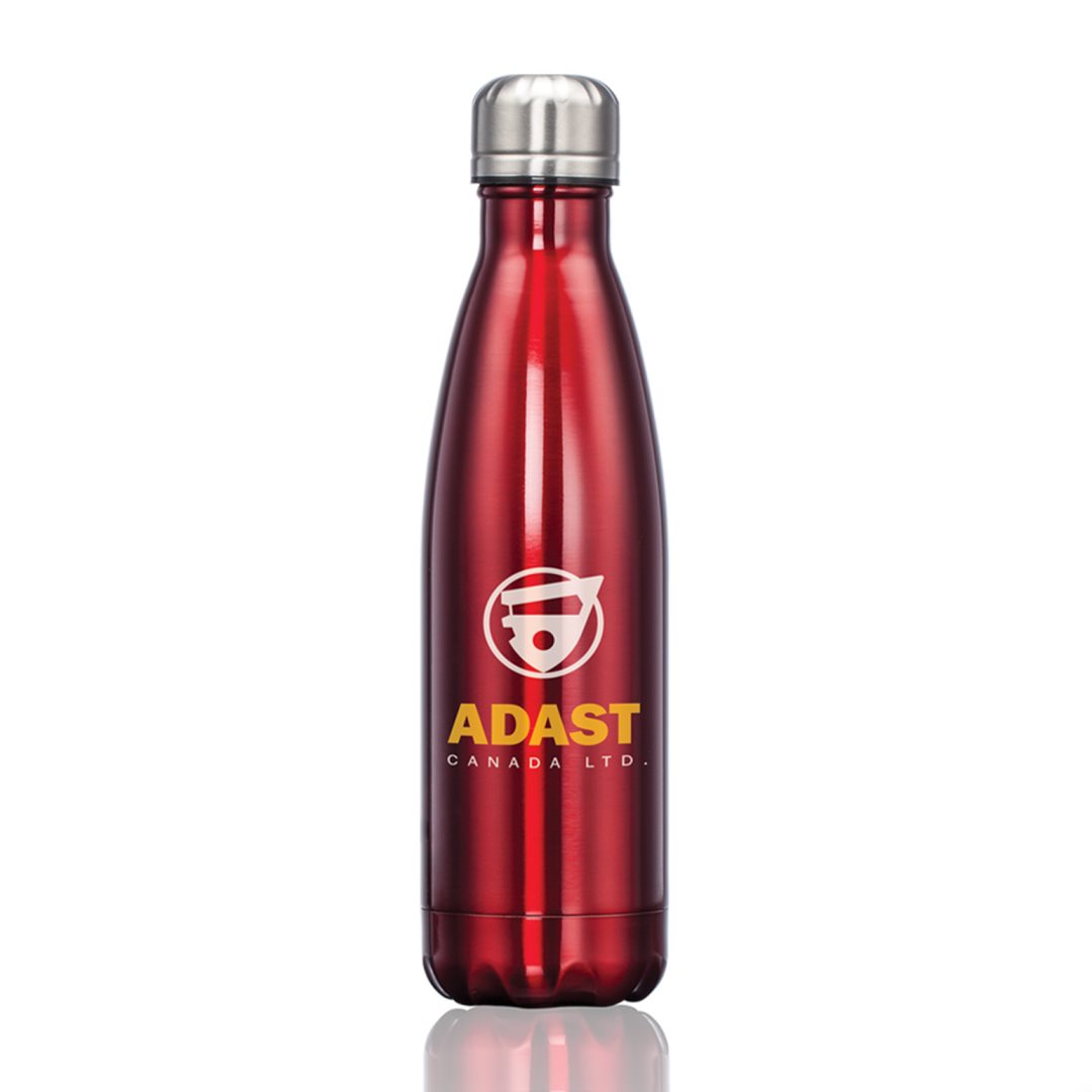 Metallic red stainless steel water bottle with a silver lid, featuring a logo on the front.