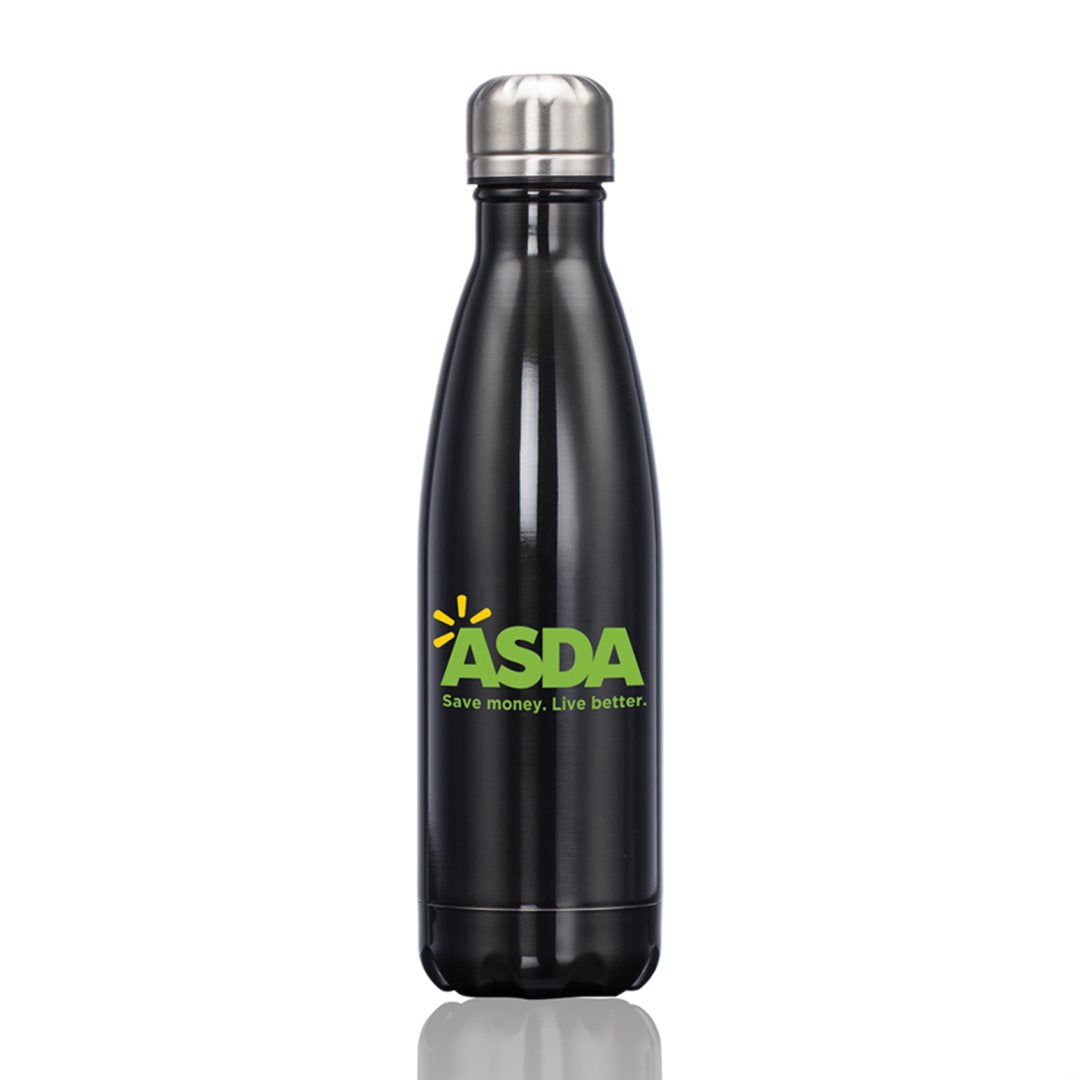 Metallic black stainless steel water bottle with a silver lid, featuring a logo on the front.