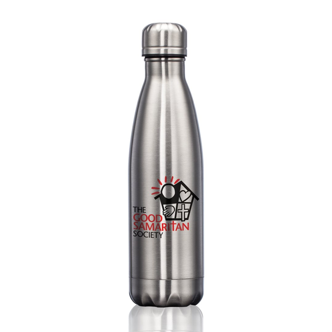 Metallic silver stainless steel water bottle with a silver lid, featuring a logo on the front.