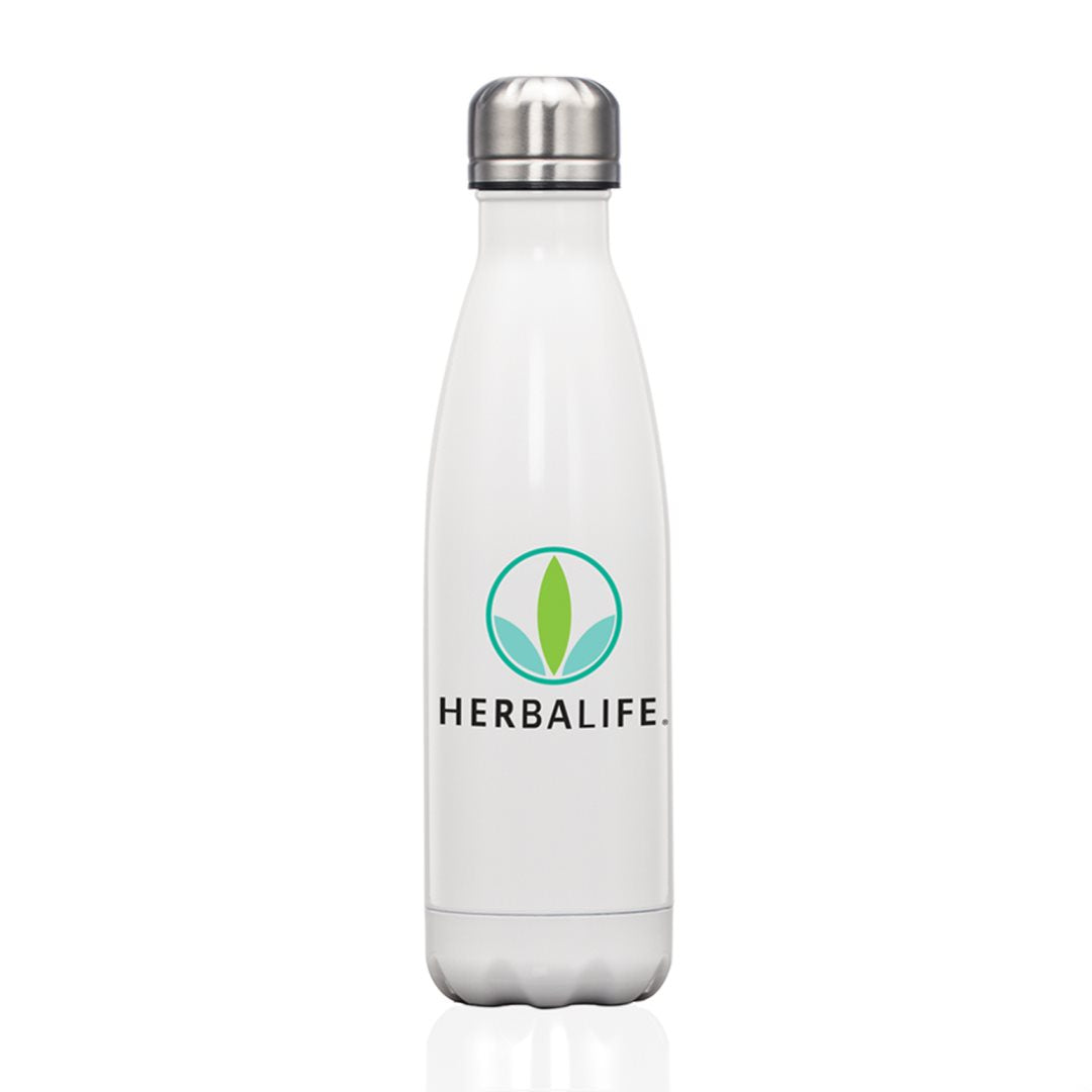 Metallic white stainless steel water bottle with a silver lid, featuring a logo on the front.