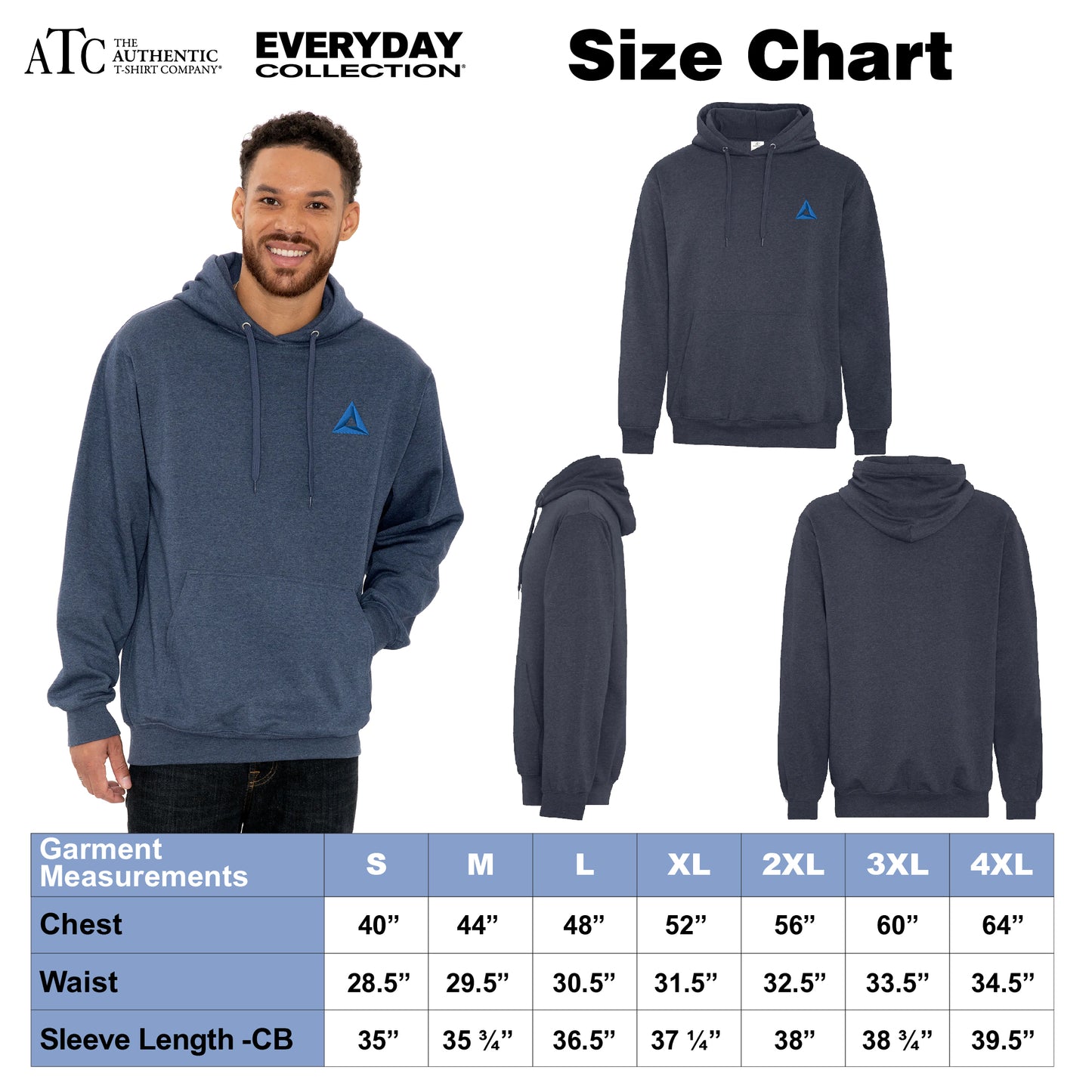 ATC Everyday Collection hoodie size chart with model wearing the navy fleece sweatshirt; includes front, back, and side views of the garment, along with a size table listing chest, waist, and sleeve length measurements from size S to 4XL