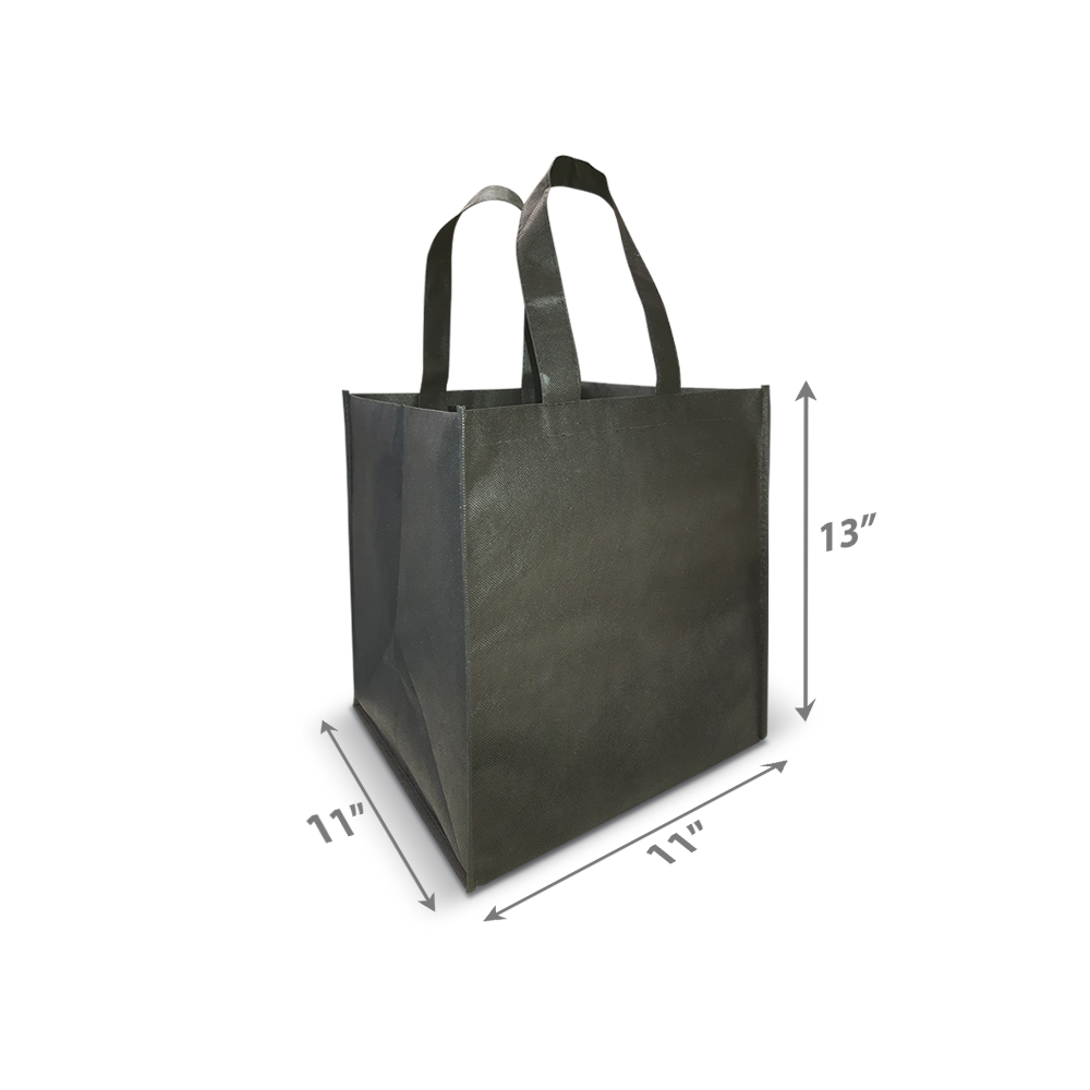 Black reusable tote bag with reinforced handles, measuring 13" high by 11" wide and deep