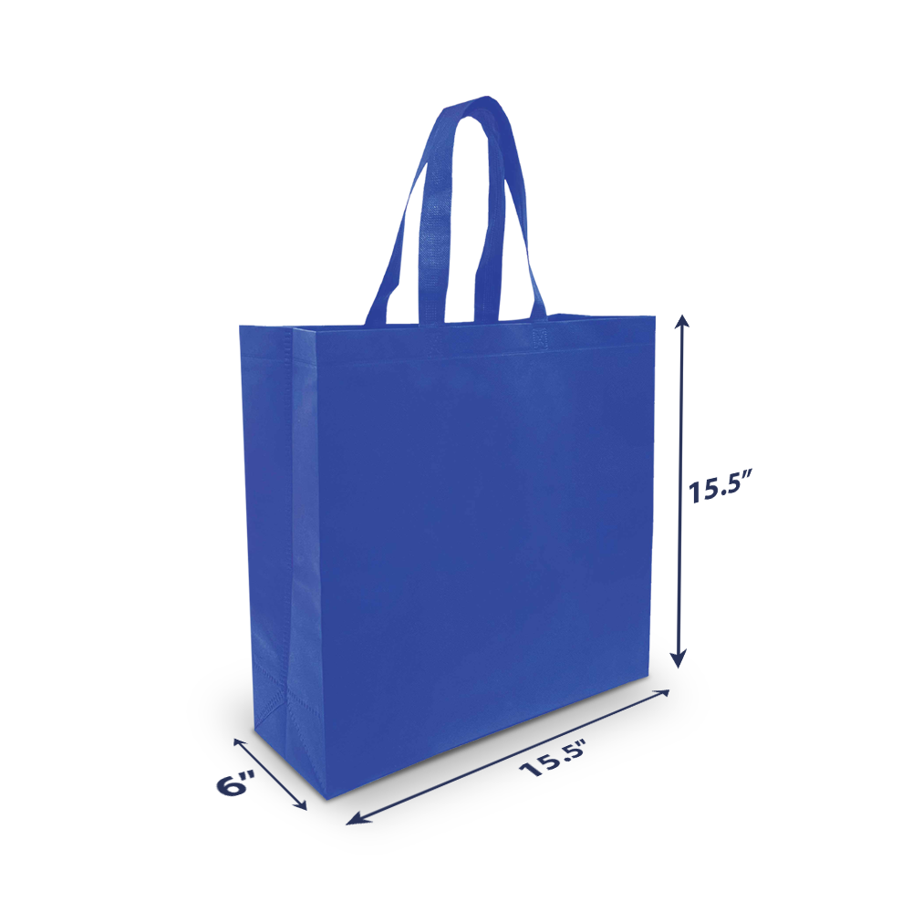 Blue reusable tote bag with dimensions labeled — 13.5" wide, 14.5" tall, and 6.5" deep.