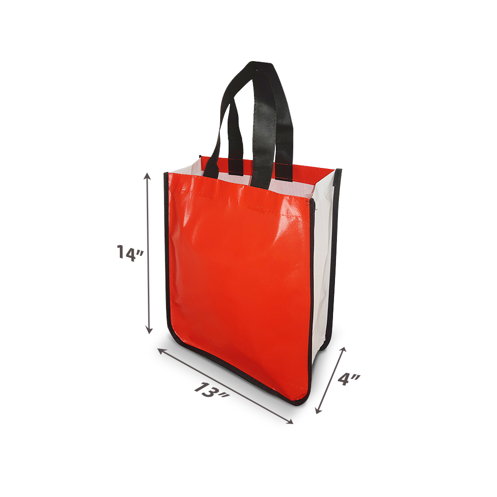 Red small laminated non-woven tote bag with curved bottom, black handles, and white side panels. Size: 14"H x 12"W x 4"D.