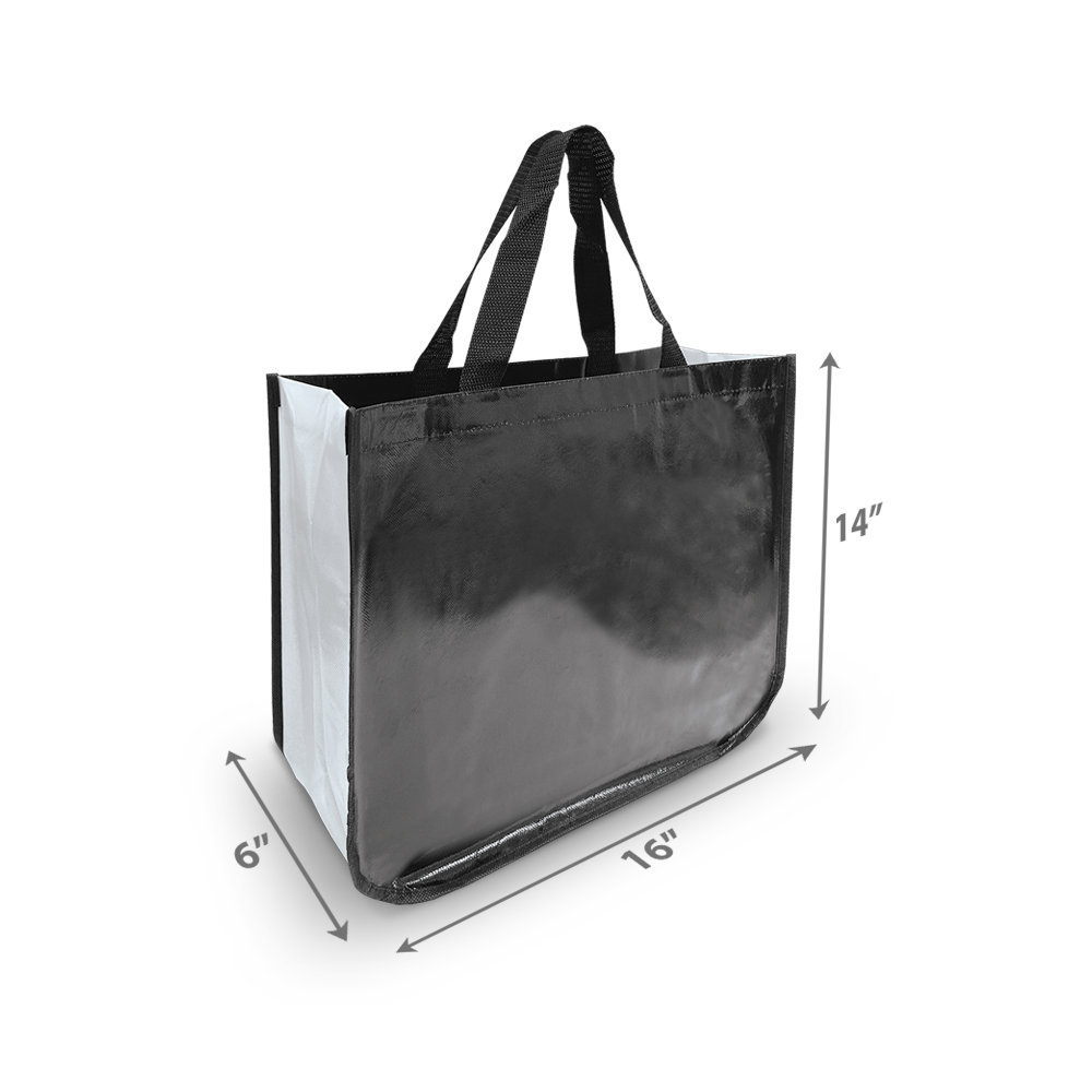 Black reusable laminated tote bag with white side panels, black handles, and a 14" x 16" x 6" size
