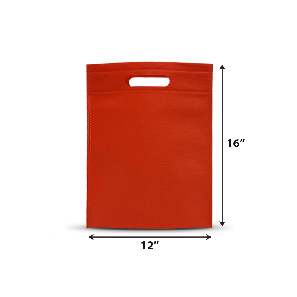 Red non-woven tote bag with die-cut handle, measuring 12” x 16”