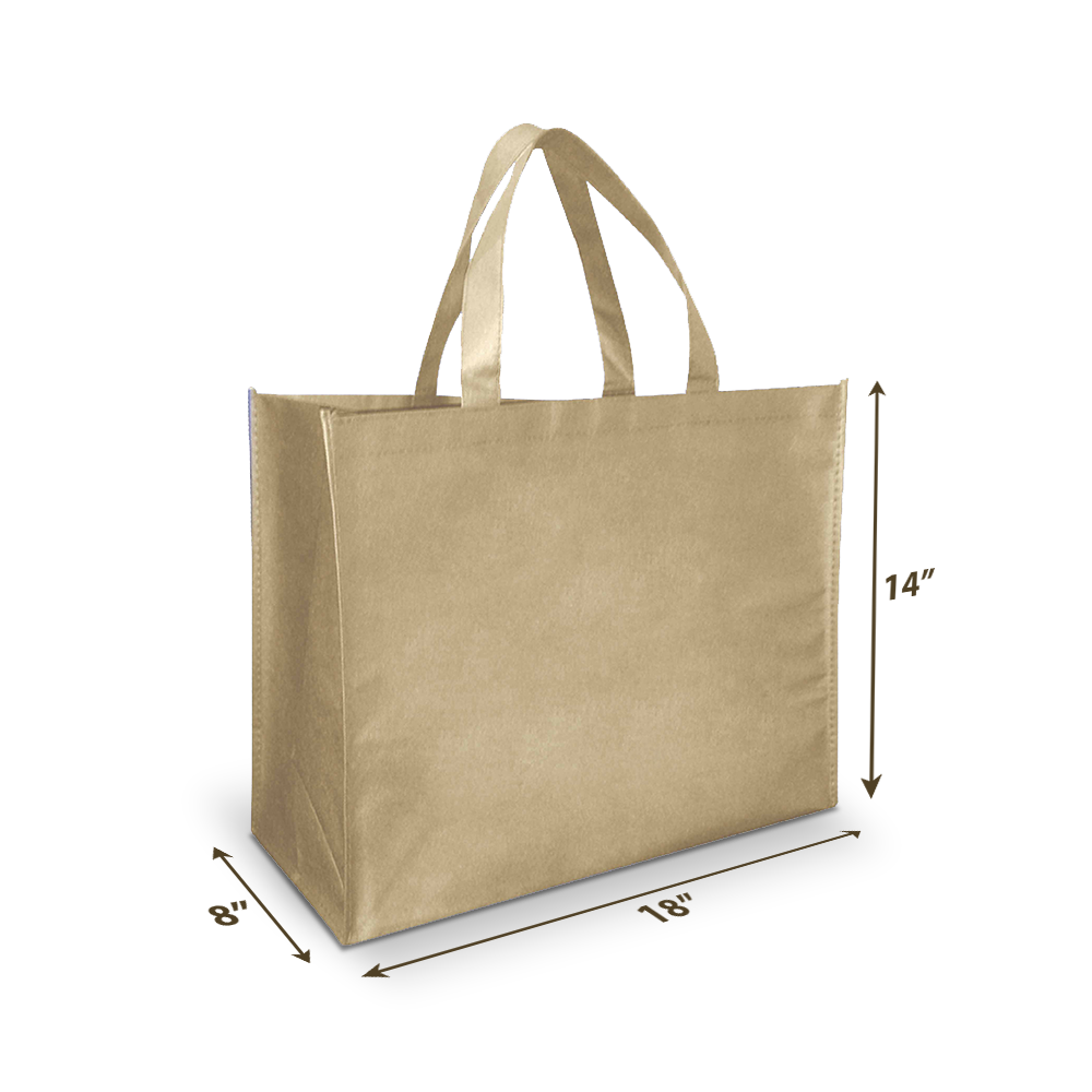 Beige and blue reusable tote bags side by side, each with a circular area for a custom logo and tagline.