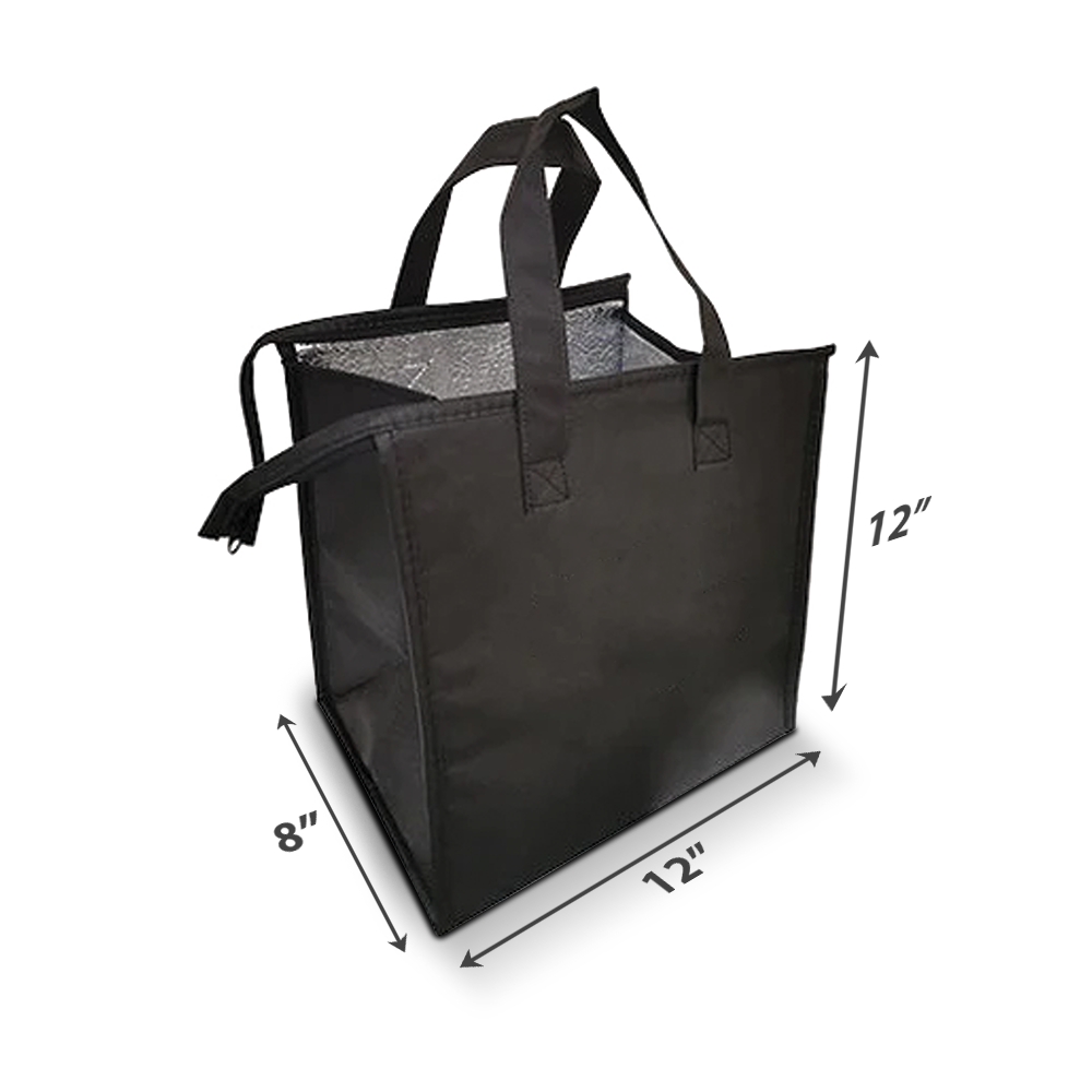 Black insulated tote bag with zipper closure and reinforced handles, measuring 12" wide x 8" deep x 12" high