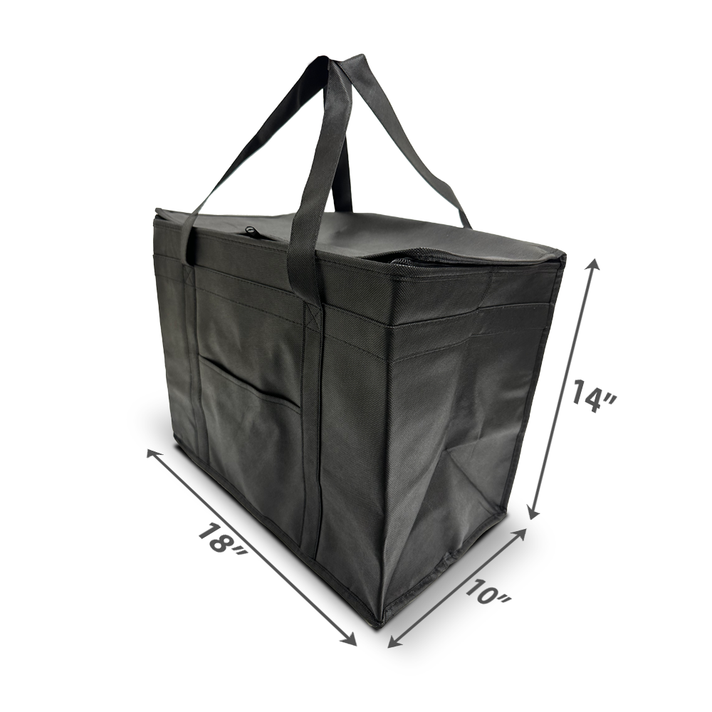 Large black insulated tote with zipper and sturdy handles, measuring 18"x10"x14"