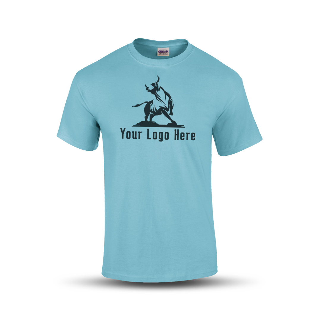 Sky blue short-sleeve t-shirt with a bold martial arts figure logo and customizable "Your Logo Here" text on the front.