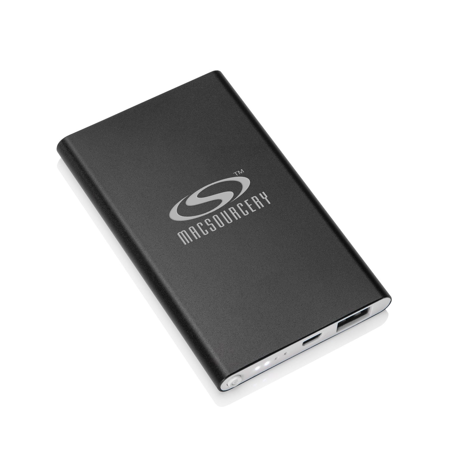 Slim black portable power bank featuring the "MACSURGERY" logo in silver on the front, with USB ports and LED indicator lights along the edge.