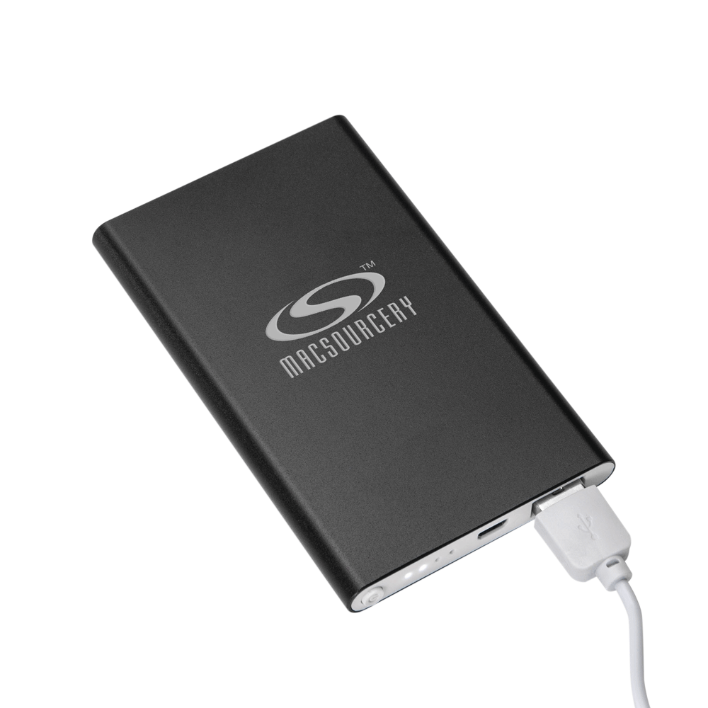 Black slim power bank with custom logo, shown connected via white USB cable, featuring a sleek rectangular design for portable charging.