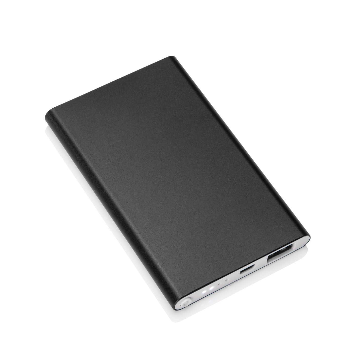 Sleek black portable power bank with visible charging ports and LED indicator lights on the edge; logo-free surface.