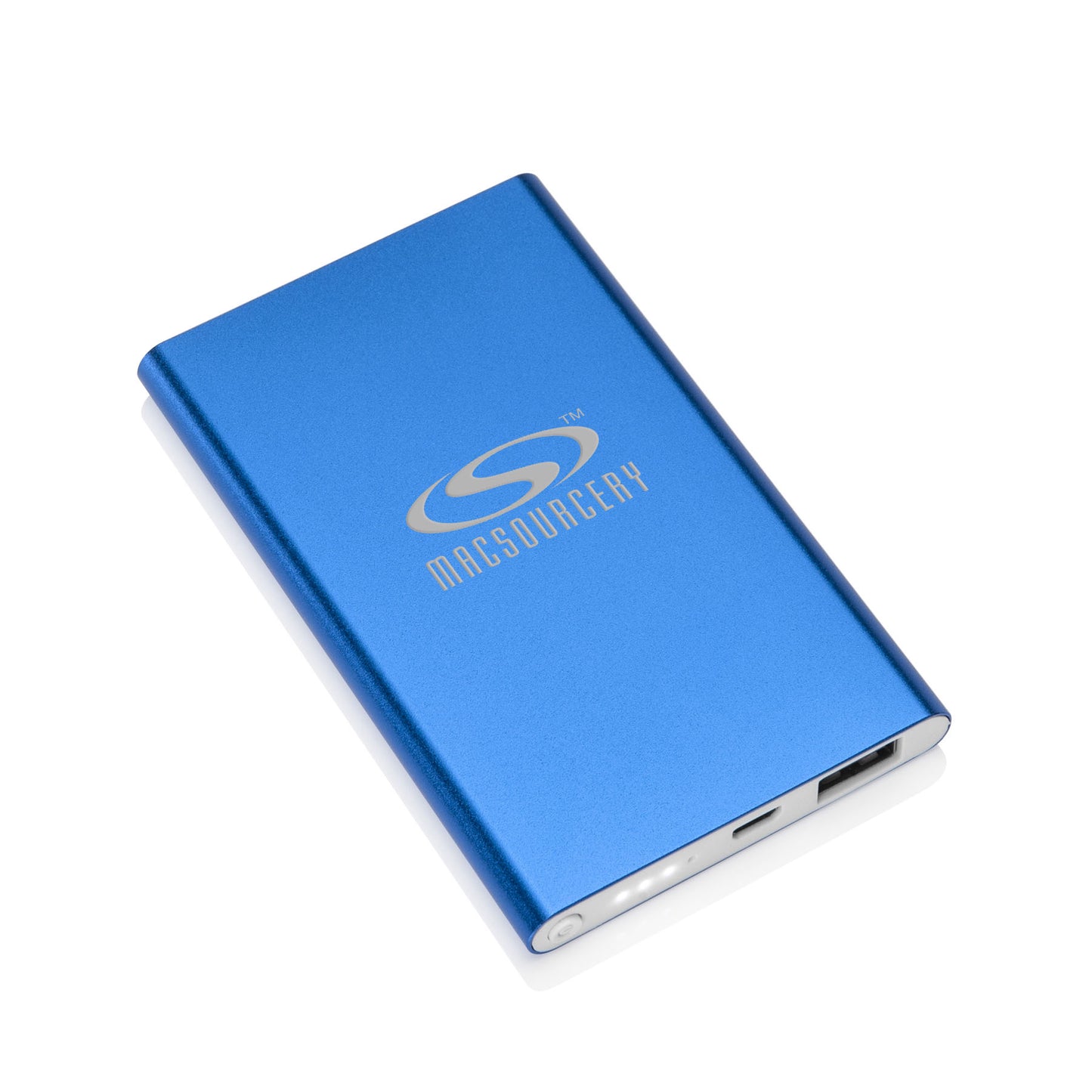 Slim blue portable power bank featuring the "MACSURGERY" logo in silver on the front, with USB ports and LED indicator lights along the edge.