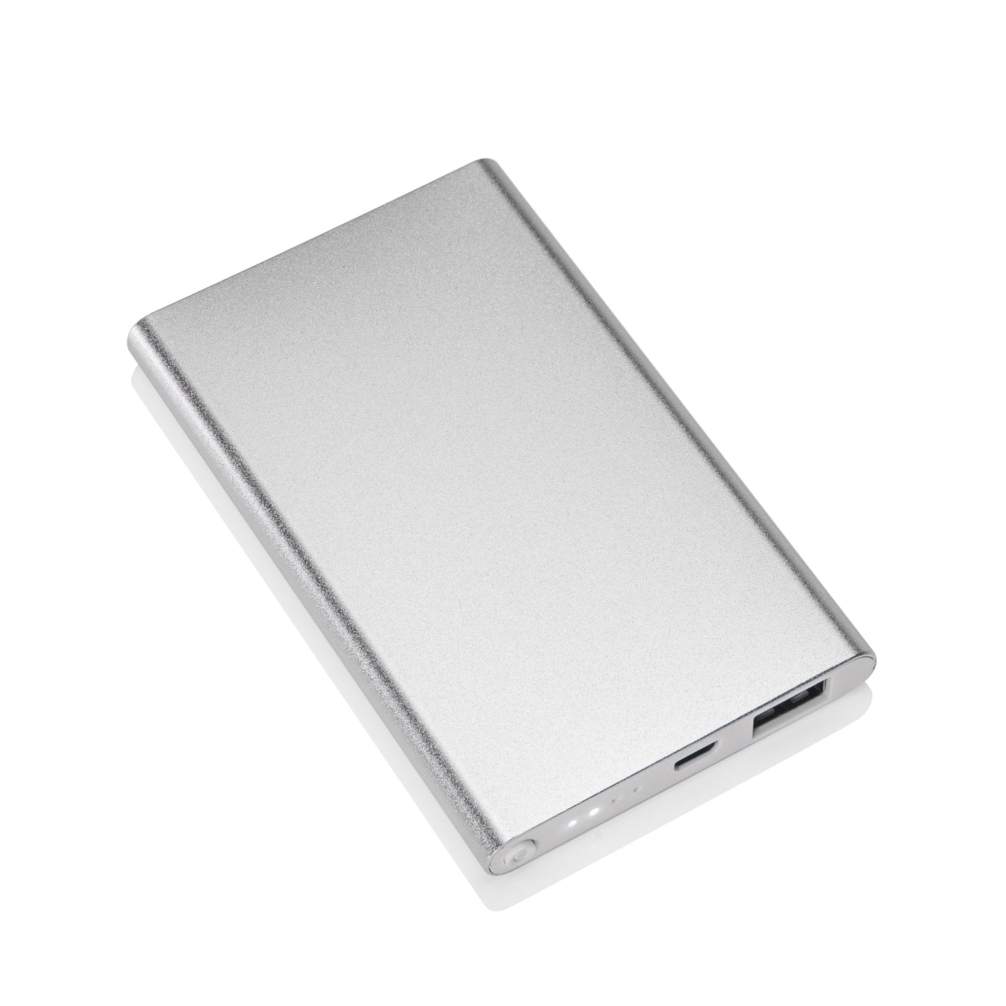 Sleek gray portable power bank with visible charging ports and LED indicator lights on the edge; logo-free surface.