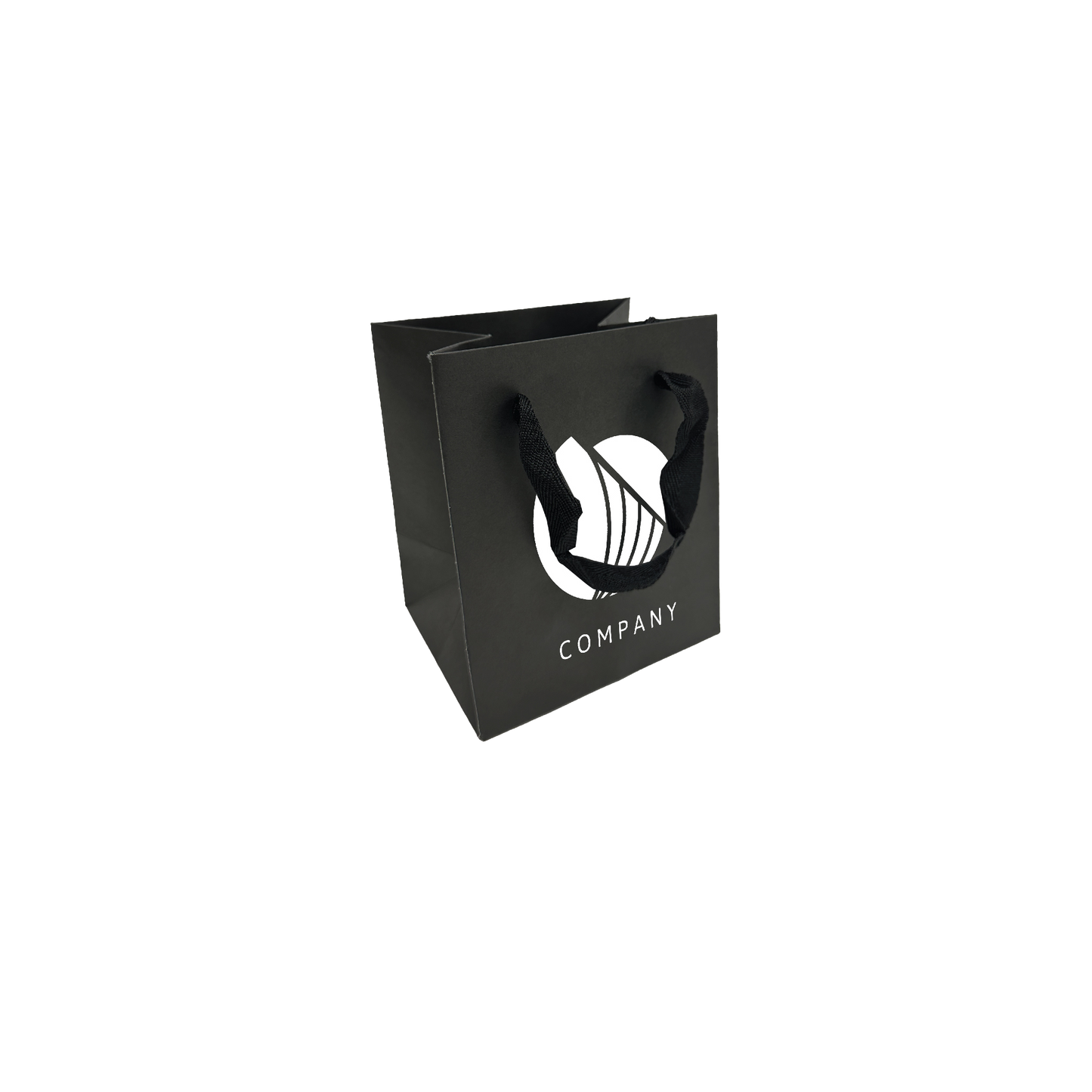 Black custom gift bag with wide fabric handles and a bold white company logo design.