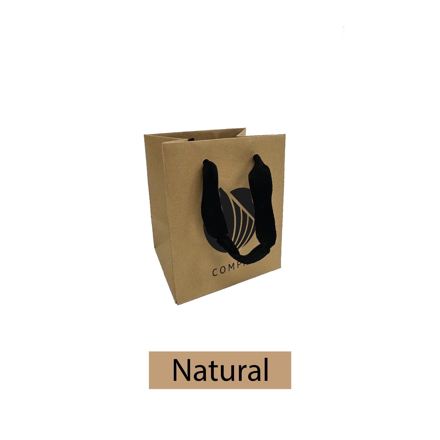 Natural kraft square gift bag with thick black ribbon handles and a printed company logo.