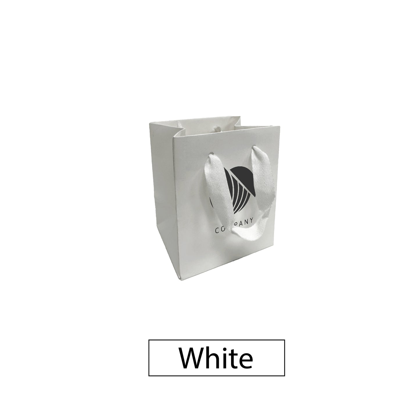 White square gift bag with short white ribbon handles and a centered company logo.