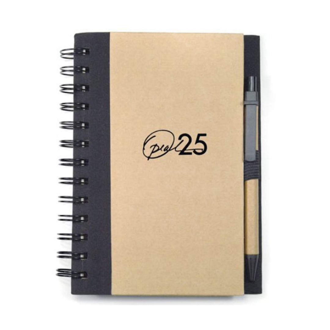 Eco-friendly spiral-bound notebook with a kraft paper cover, black spine, and pen holder on the right side, featuring a matching black-ink pen and a logo printed on the front.