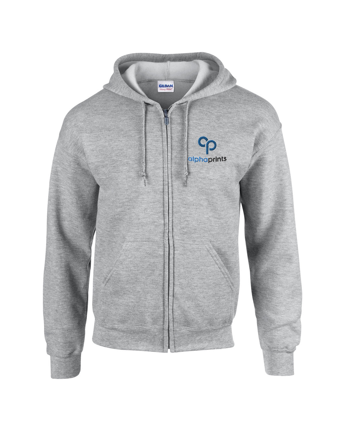 Gildan G186 Adult Heavy Blend full-zip hooded sweatshirt in Sport Grey with custom logo on left chest