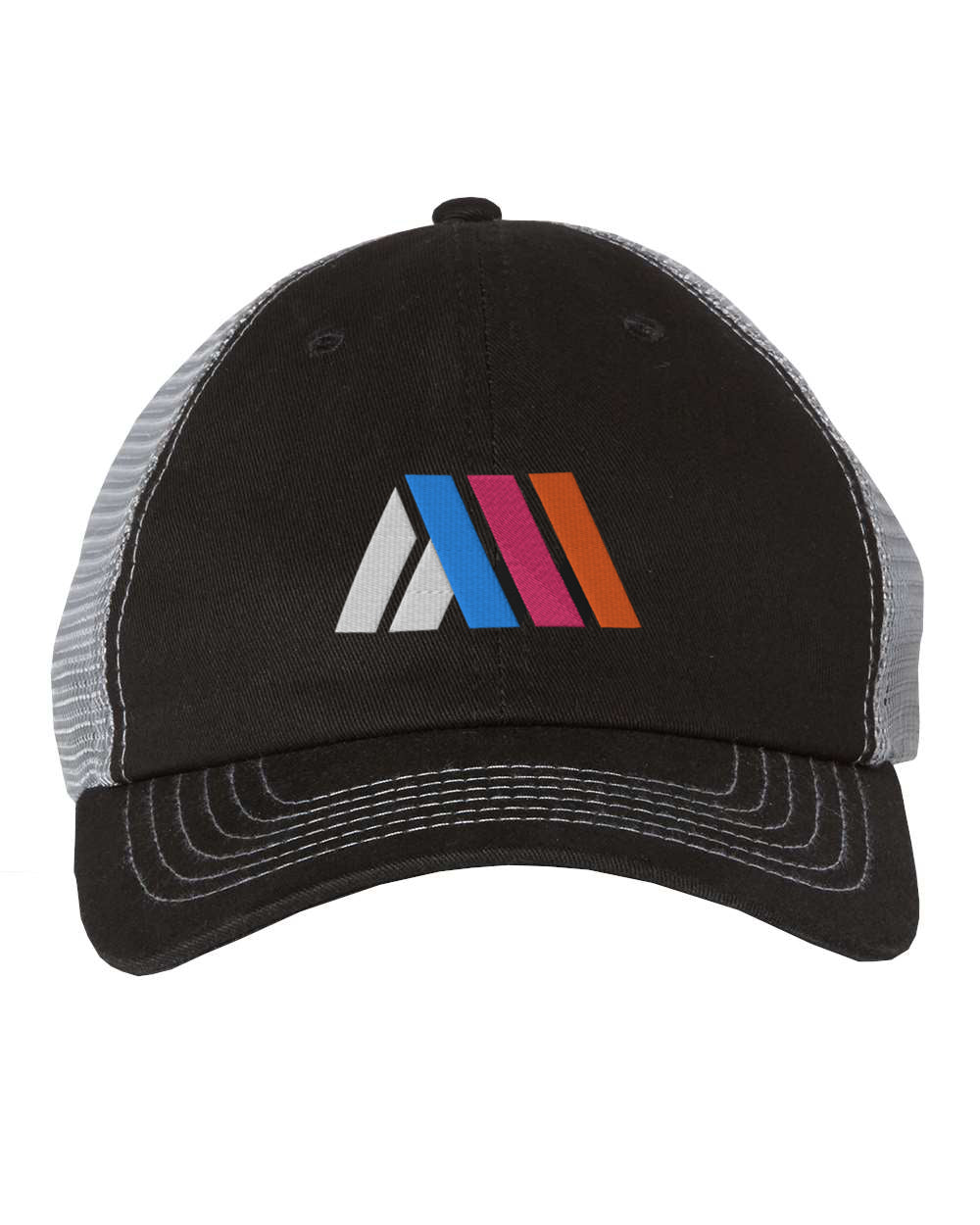 Black front cap with grey mesh back and colorful logo embroidery