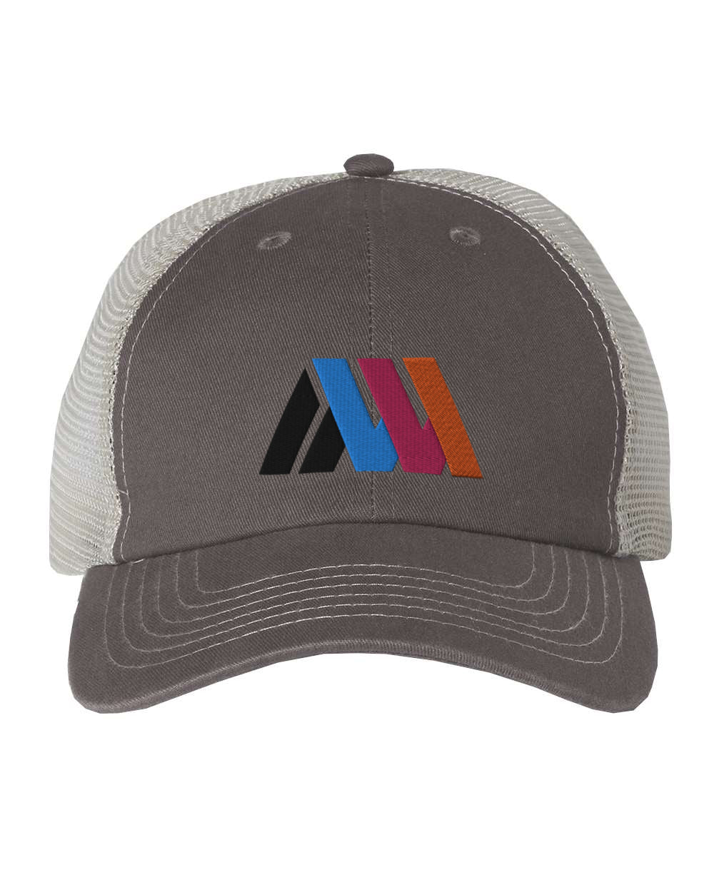 Charcoal front cap with light stone mesh and multi-color logo