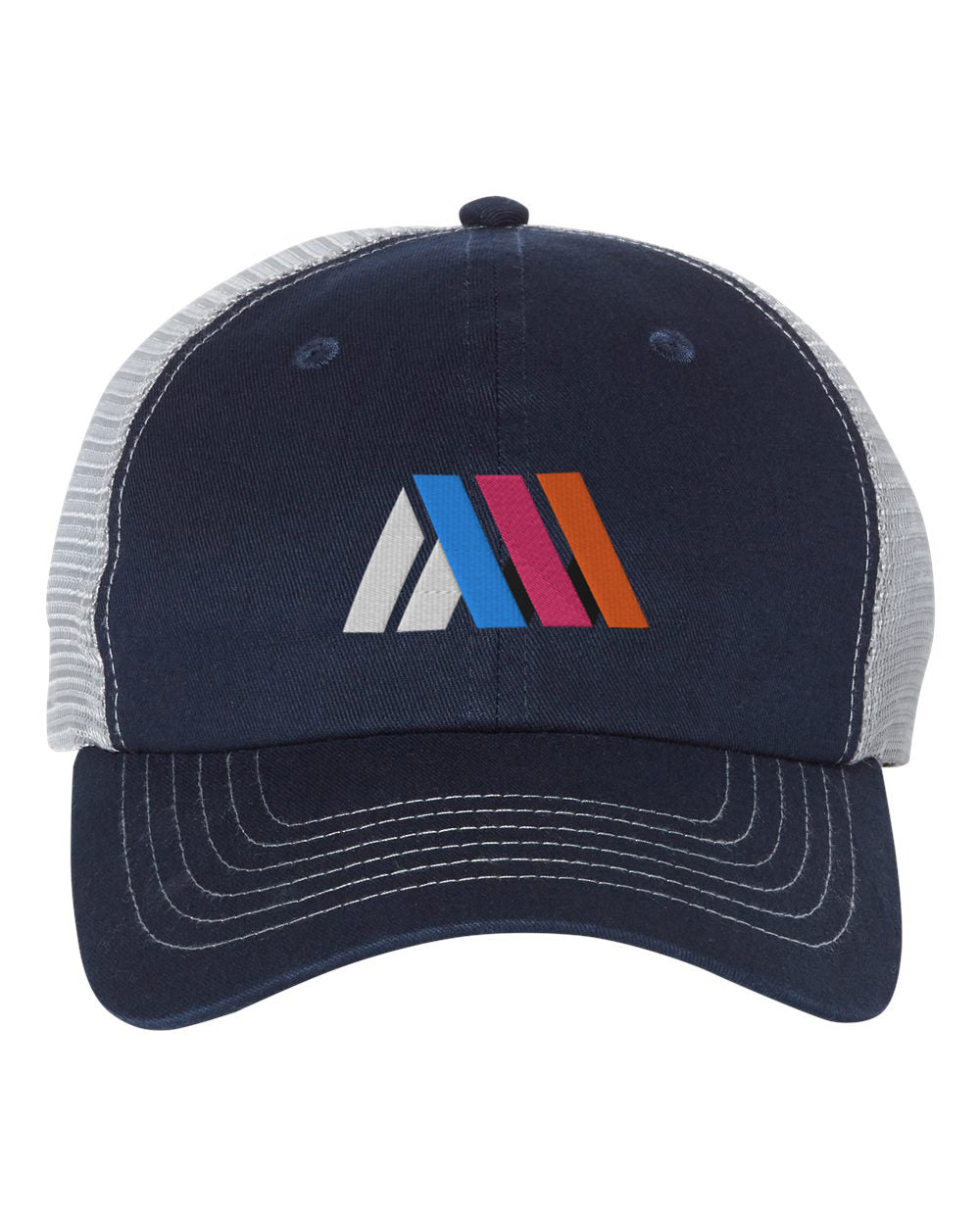 Navy blue front cap with grey mesh and embroidered multi-color logo