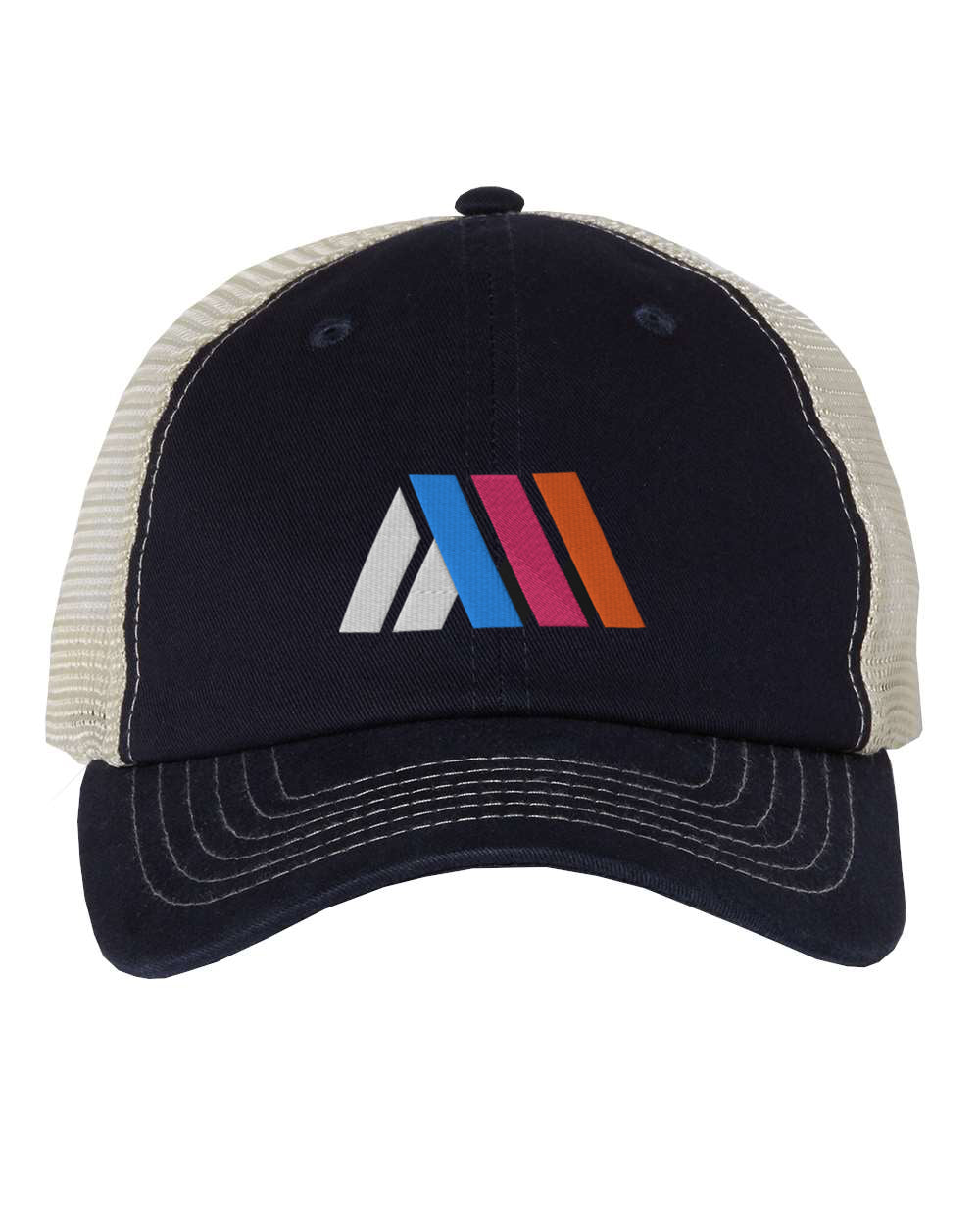 Navy cap with stone mesh back and multi-color stitched logo