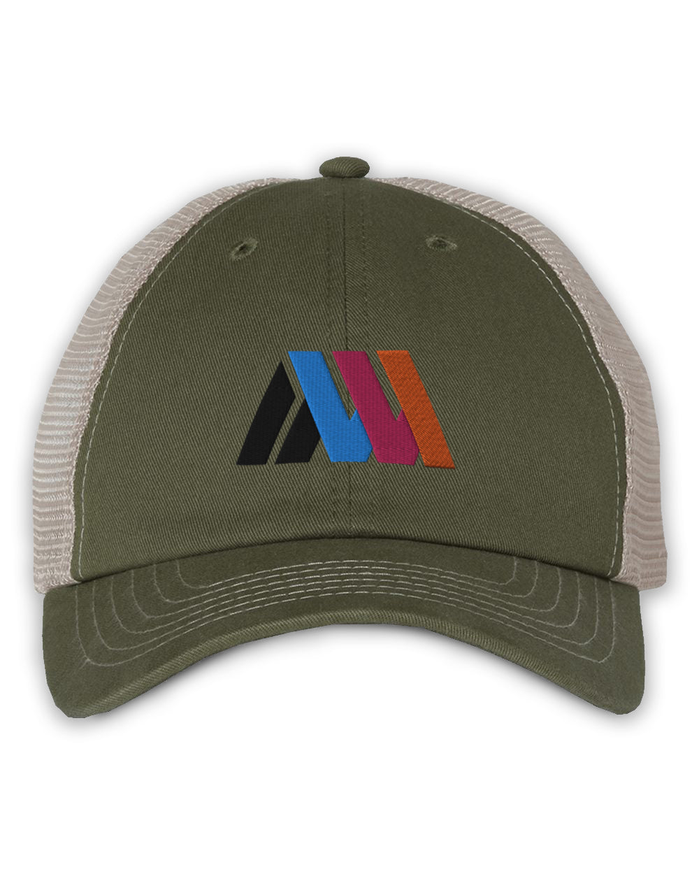 Olive green cap with khaki mesh back and colorful logo embroidery