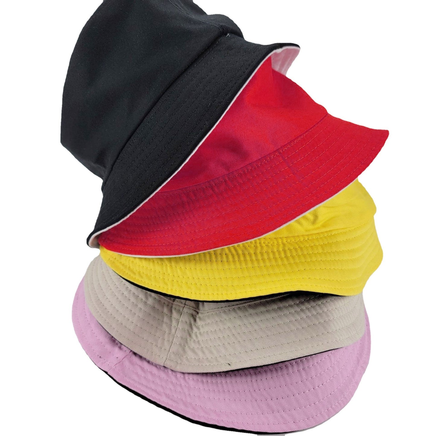 Stack of multicolor custom bucket hats in black, red, yellow, khaki, and pink, ideal for promotional branding and stylish giveaways