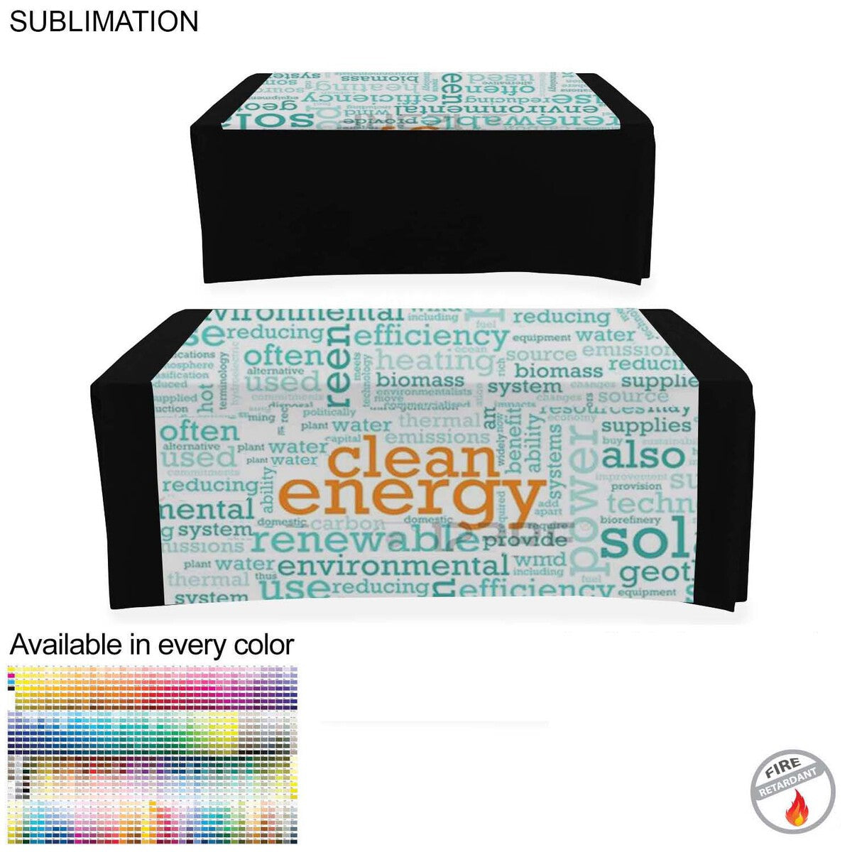 Sublimated full-print table cover with a word cloud design, covering the front and top of a black table; available in every color and made with fire-retardant material.