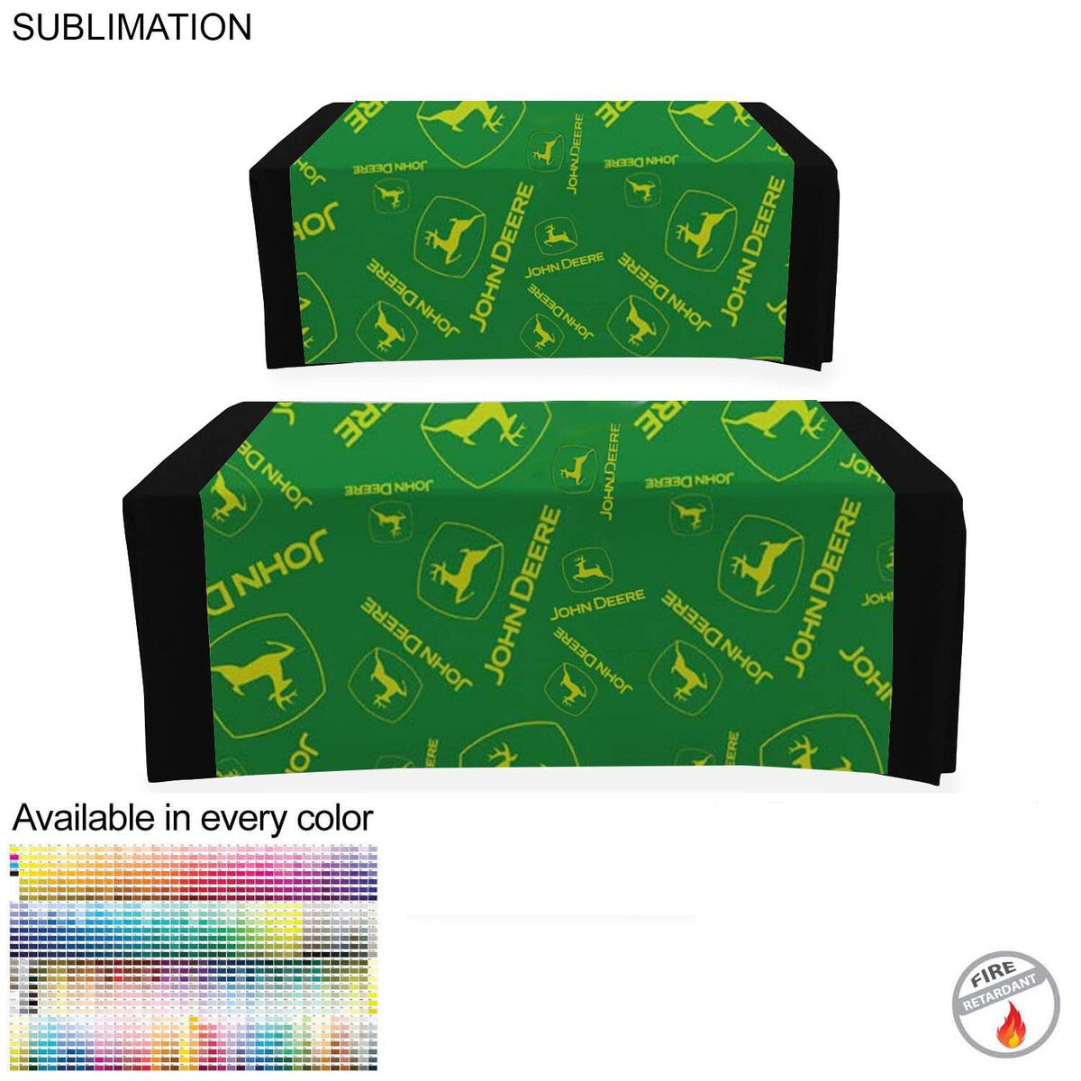 Black tablecloth with full-color sublimated front panel featuring the green and yellow John Deere logo pattern. Includes a swatch chart showing available colors and a fire-retardant icon.
