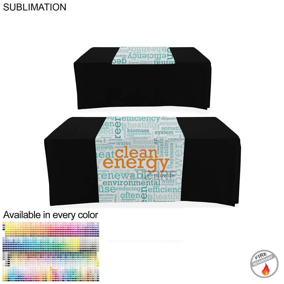 Sublimated table runner with a word cloud design, displayed on a black table cover; available in every color and made with fire-retardant material.